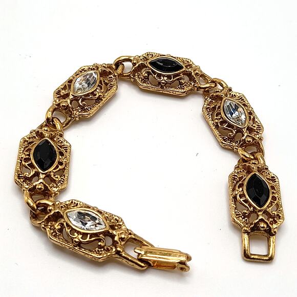 Black Clear Crystal Bracelet, Gold Tone, 1928 Style, 7 1/8 In - Picture 9 of 10